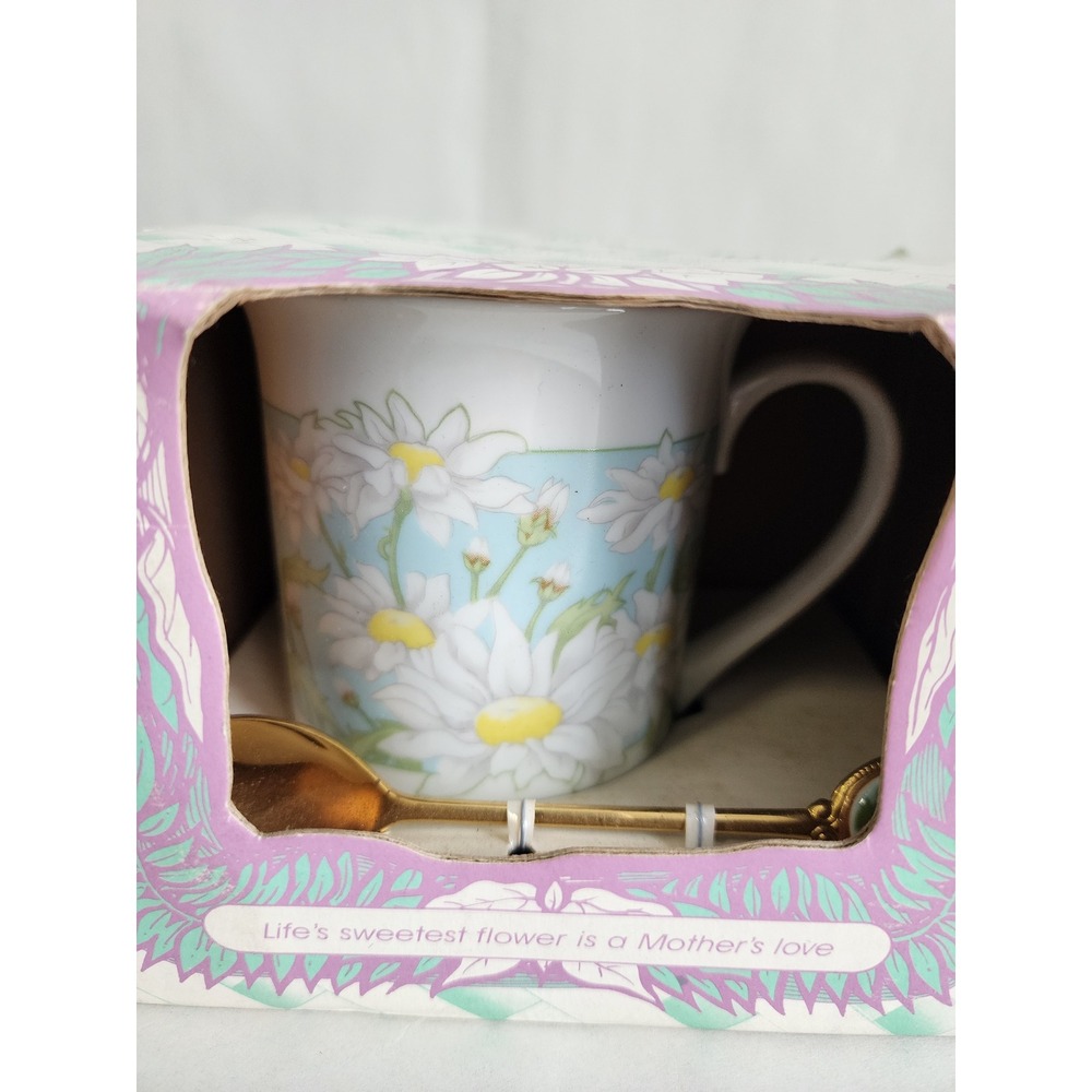 Applause Floral Duet Porcelain Mug 24k Gold Plated Spoon Mother's Love Daisy Set